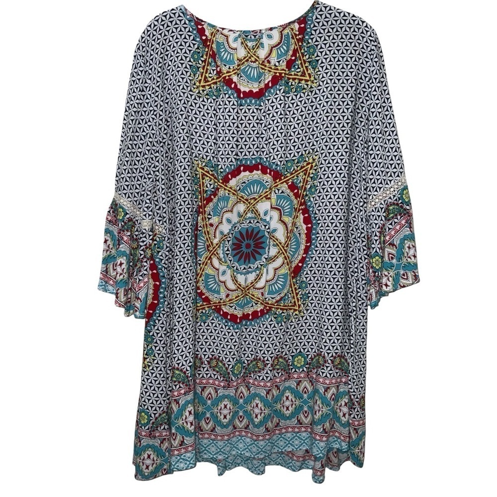 Umgee Medallion Tribal Print 3/4 Ruffle Sleeve Boho Dress Navy White Cream Aqua - Picture 3 of 7